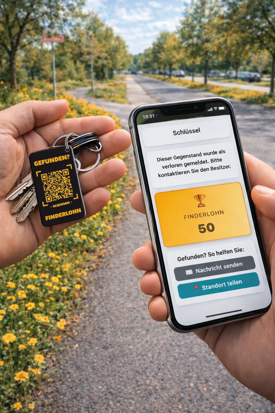 QR-Code Tag am Schl&uuml;sselbund wird mit Smartphone gescannt